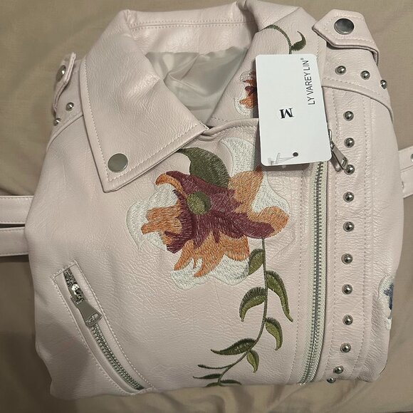 Women's Embroidered Studded Vegan Leather Jacket Moto Punk Jacket Floral Coat - Picture 3 of 8